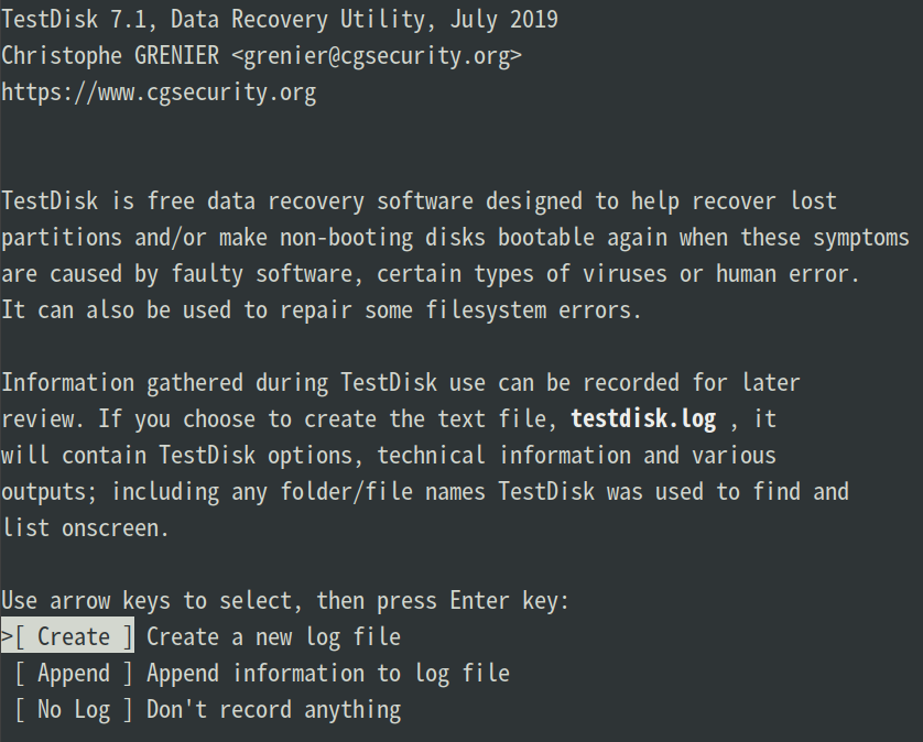 Testdisk file recovery step 1